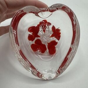 Vintage Joe Rice Clear Glass Red White Cased Heart Paperweight Valentine Ashtray